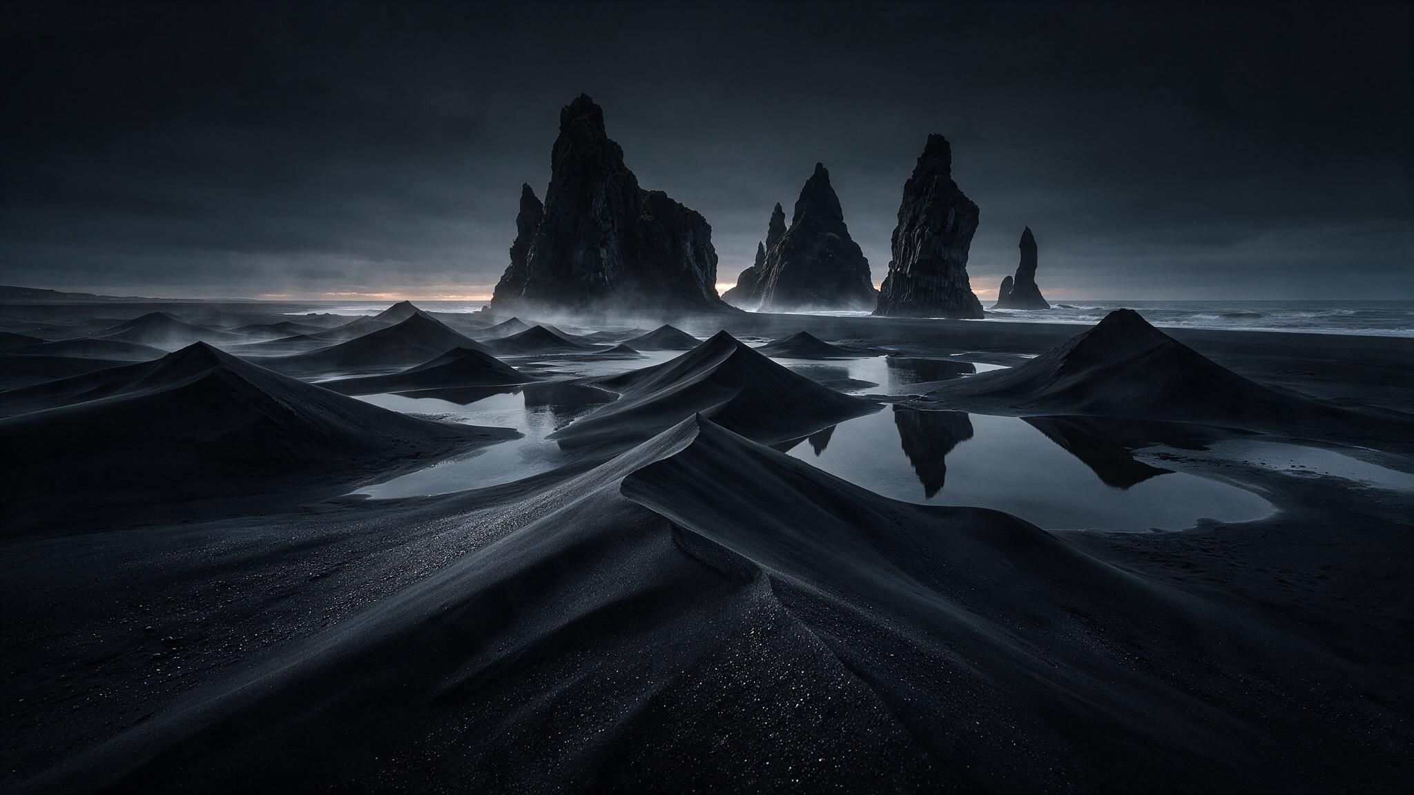 Jagged Reynisdrangar basalt sea stacks rise from the ocean beyond rippling black sand dunes and reflective tide pools on Iceland’s south coast at dusk, shrouded in mist. The low, dim light and dark tones create a brooding, tranquil mood.