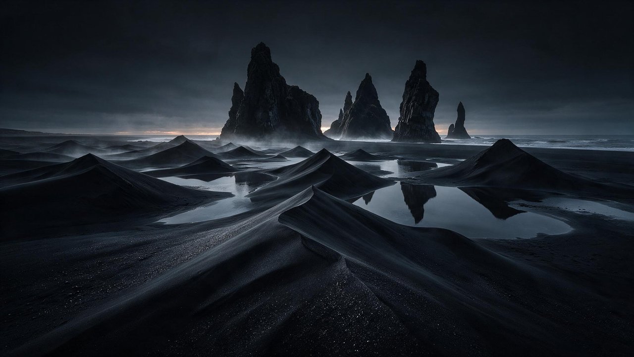 Jagged Reynisdrangar basalt sea stacks rise from the ocean beyond rippling black sand dunes and reflective tide pools on Iceland’s south coast at dusk, shrouded in mist. The low, dim light and dark tones create a brooding, tranquil mood.