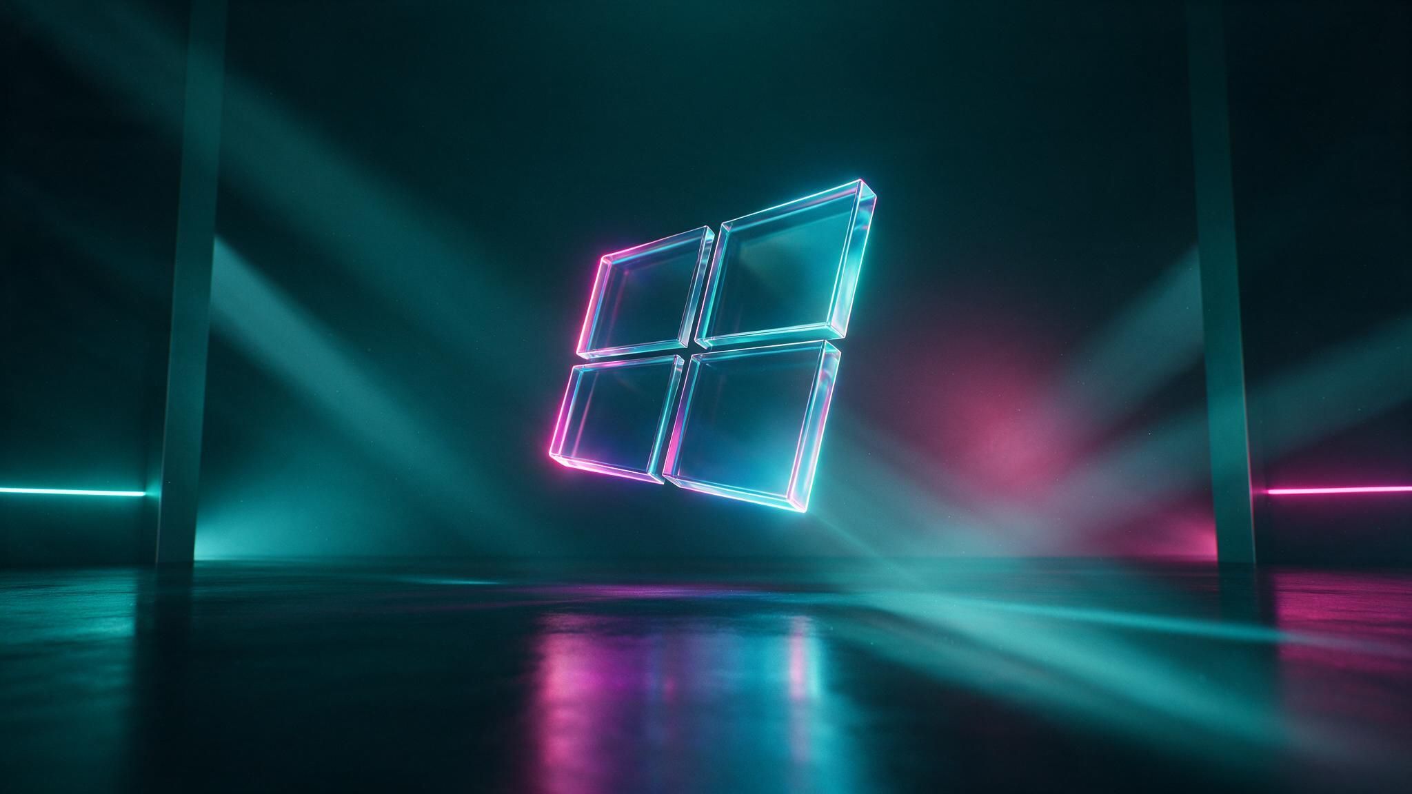 Translucent neon Windows 11 logo panes hover in a dark, mist-filled studio, teal and magenta light beams cutting through the haze for a sleek, futuristic mood.