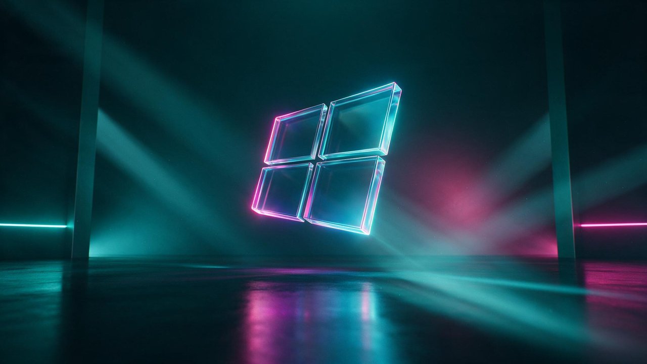 Translucent neon Windows 11 logo panes hover in a dark, mist-filled studio, teal and magenta light beams cutting through the haze for a sleek, futuristic mood.