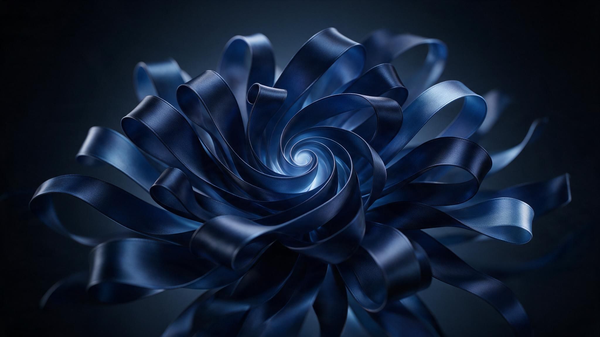 Dark blue satin-like ribbons swirl into a flower-like bloom on a deep gradient backdrop, creating a calm, futuristic mood.