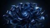 Dark blue satin-like ribbons swirl into a flower-like bloom on a deep gradient backdrop, creating a calm, futuristic mood.