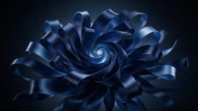 Dark blue satin-like ribbons swirl into a flower-like bloom on a deep gradient backdrop, creating a calm, futuristic mood.
