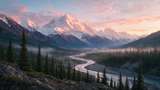 Snow-capped Denali towers over a winding river and evergreen valley at sunrise, soft pink light touching the peaks. Mist drifting through the trees creates a calm, expansive mood.