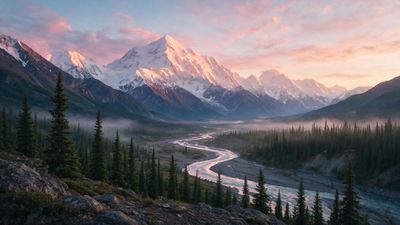 Snow-capped Denali towers over a winding river and evergreen valley at sunrise, soft pink light touching the peaks. Mist drifting through the trees creates a calm, expansive mood.