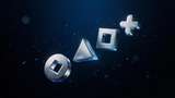 Four metallic PlayStation controller symbols—circle, triangle, square, and cross—hover in a dark, star-speckled void. Cool blue highlights and drifting particles create a sleek, futuristic mood.