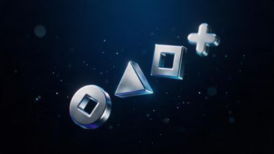 Four metallic PlayStation controller symbols—circle, triangle, square, and cross—hover in a dark, star-speckled void. Cool blue highlights and drifting particles create a sleek, futuristic mood.