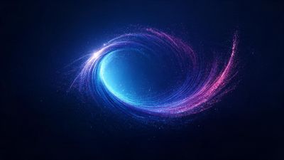 A swirling ring of blue and magenta particles forms a luminous vortex against a deep space backdrop, evoking a sense of cosmic motion and wonder.