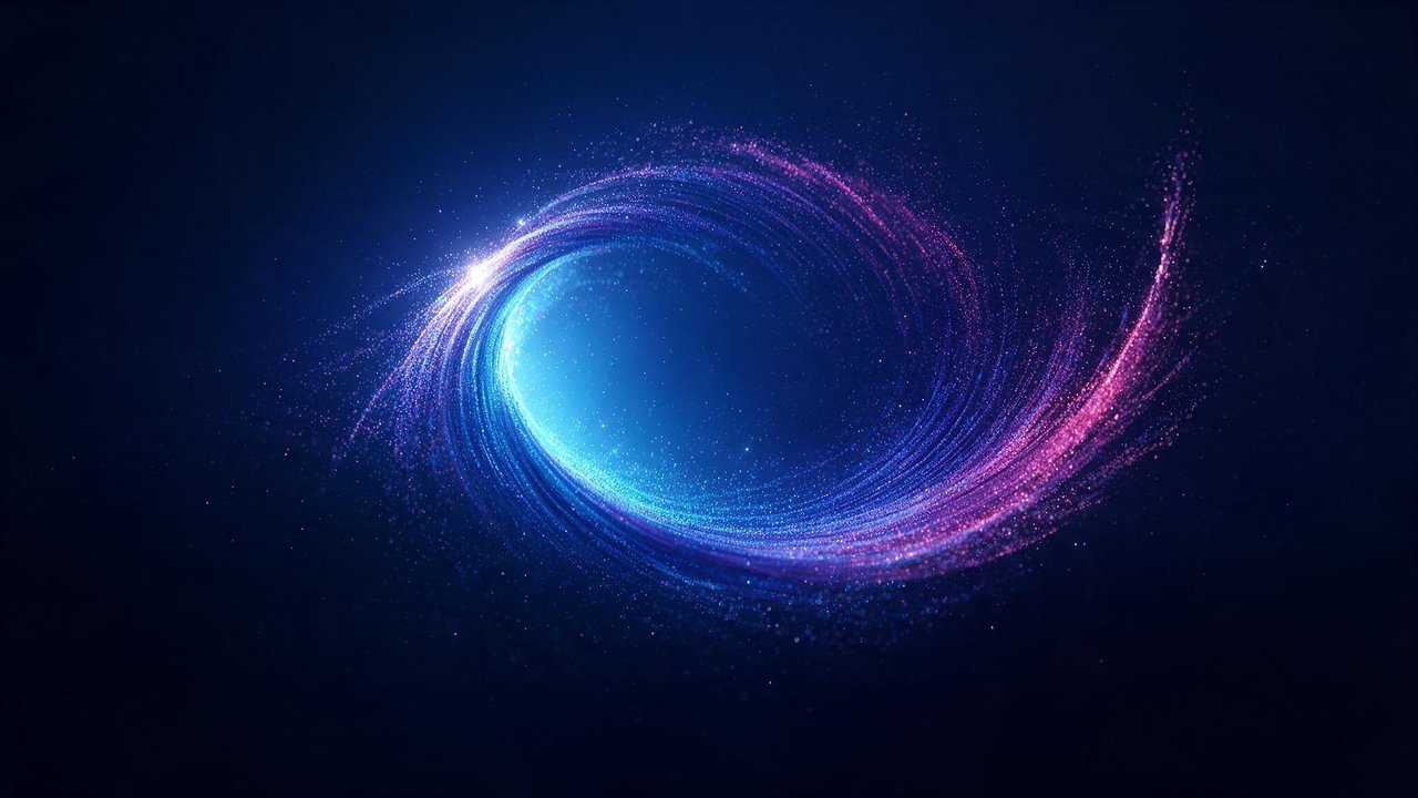 A swirling ring of blue and magenta particles forms a luminous vortex against a deep space backdrop, evoking a sense of cosmic motion and wonder.