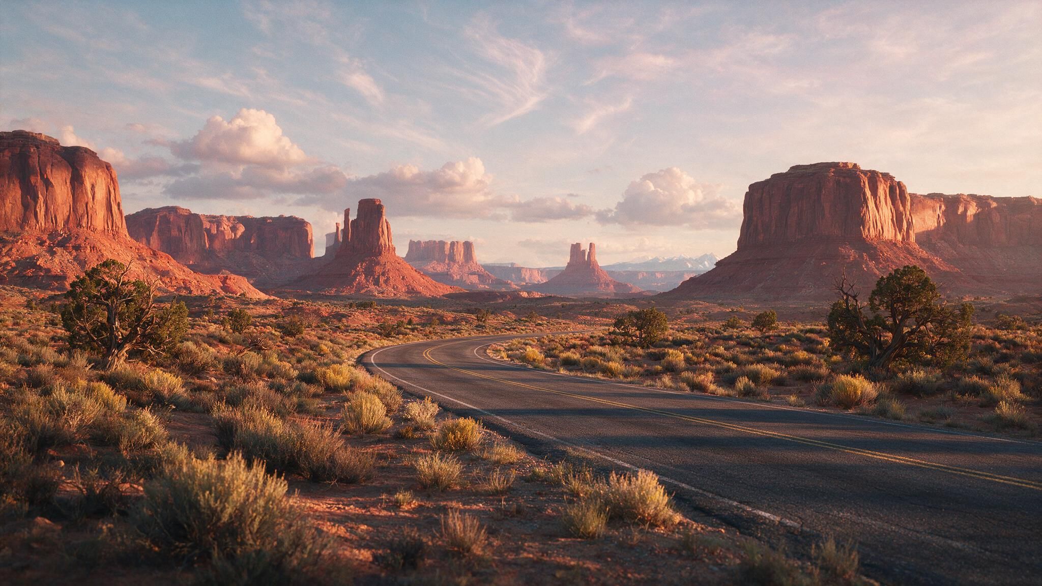 A winding asphalt road curves into Monument Valley, flanked by scrub desert and towering red sandstone buttes. The warm sunset glow and pastel clouds evoke a calm, open-road serenity.