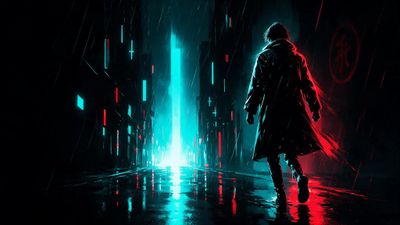 A solitary trench-coated figure walks through a rain-soaked Tokyo alley lit by cyan and red neon, their silhouette framed against a distant glowing tower. The stark lighting and falling rain create a tense, futuristic mood of isolation.