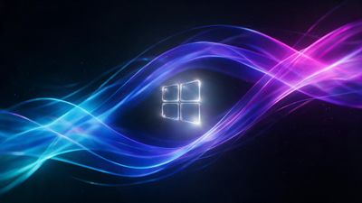 A glowing Windows logo floats at the center of a dark, space-like background, framed by sweeping neon blue and purple light waves. The abstract setting evokes a futuristic, energetic mood.