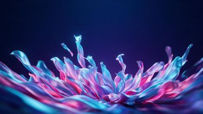 Abstract pink and cyan ribbons resembling flower petals unfurl upward against a deep blue background, conveying a futuristic, energetic mood.