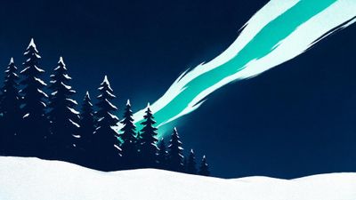 Stylized illustration of snow-covered pine trees at night under a sweeping green aurora across a deep blue sky, creating a calm wintry atmosphere.