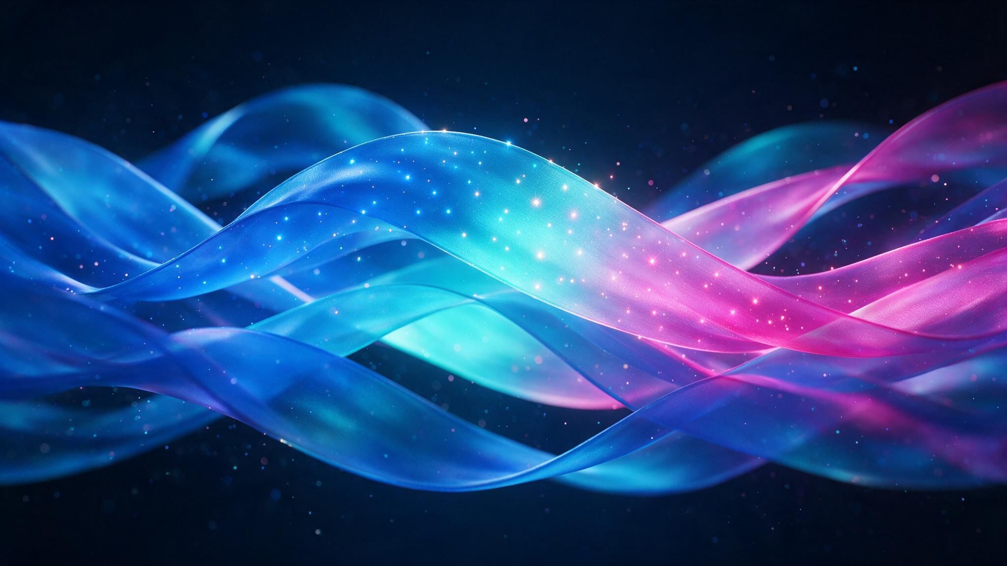 Intertwining neon ribbons in blue, turquoise, and pink flow across a dark, star-speckled backdrop, creating a calm, futuristic mood.