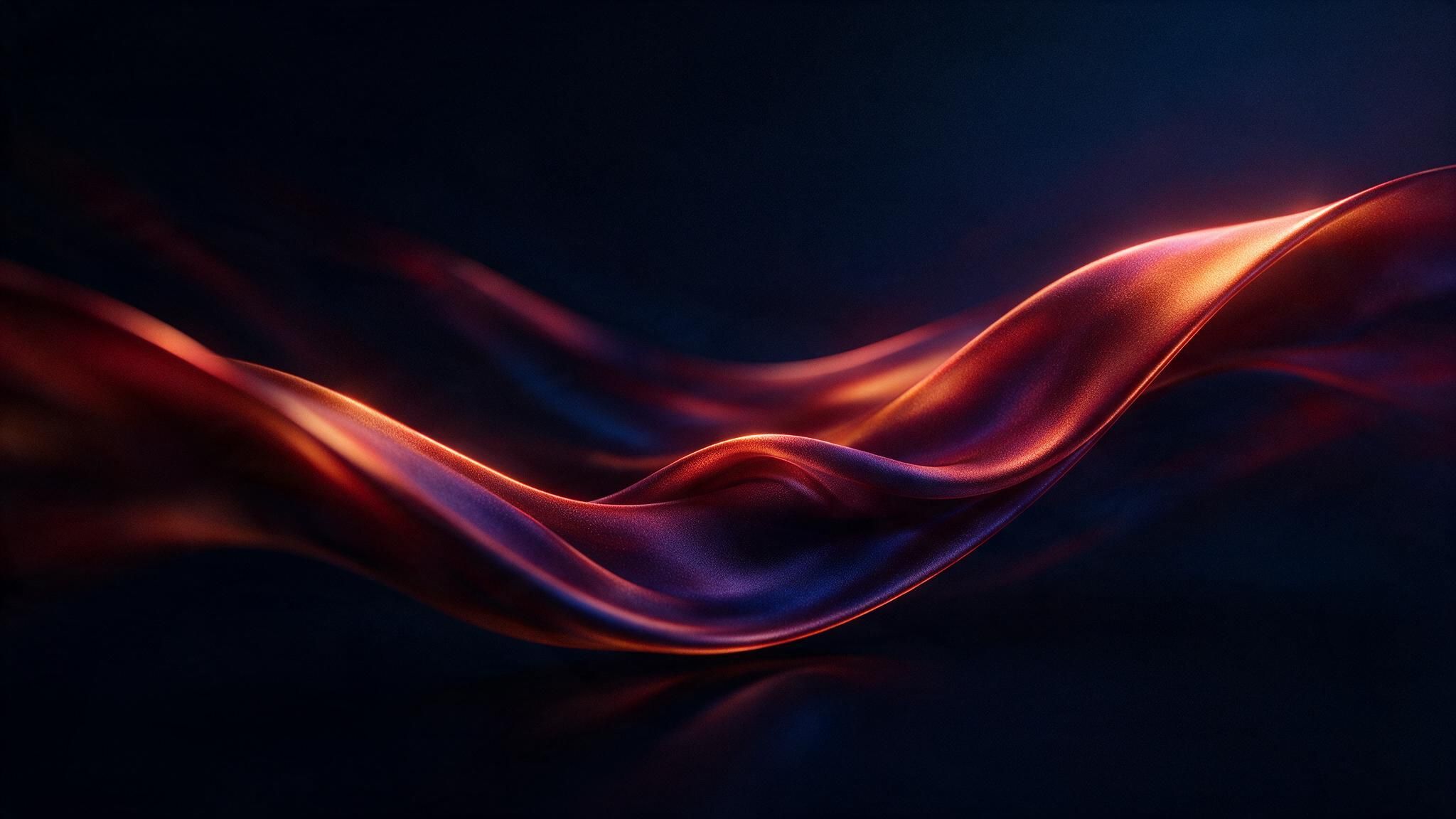 An abstract satin-like ribbon in deep red and violet hues undulates across a dark background, softly edged with orange highlights. The smooth wave and shadowy setting evoke a calm, sophisticated mood.