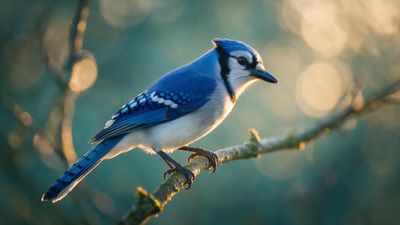 A blue jay perches on a slender mossy branch at sunrise, its feathers edged with soft golden light. The blurred forest bokeh behind it creates a calm, early-morning mood.