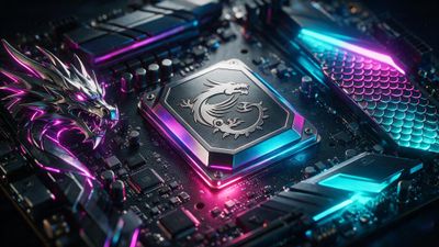 Close-up of a motherboard glowing with pink and cyan LEDs, featuring a sculpted cyberpunk dragon and scaled heatsink, creating a futuristic, high-intensity gaming atmosphere.