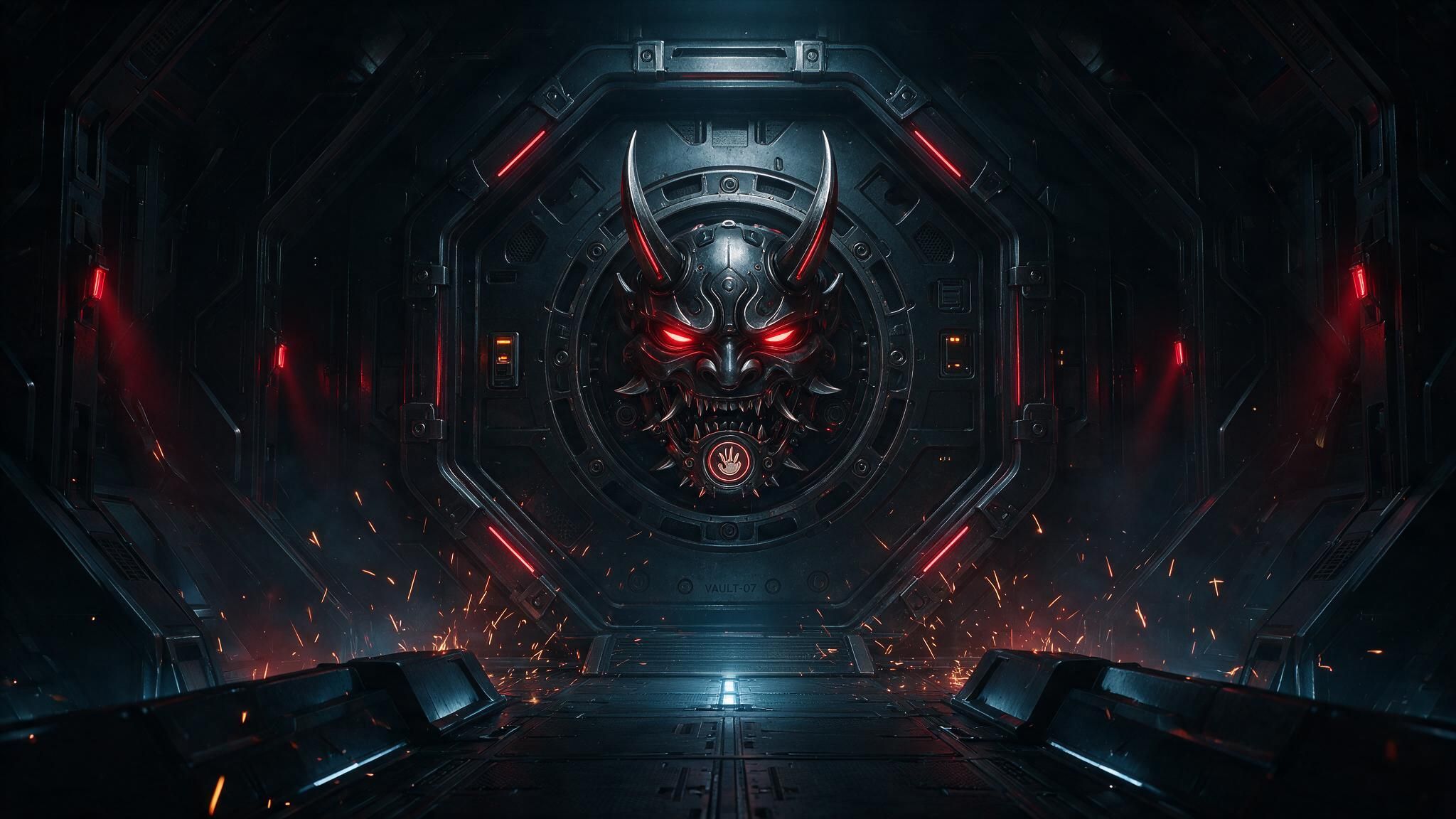 Futuristic metal corridor ending at a massive vault door decorated with a horned oni mask, its red eyes glowing amid drifting sparks. Dim blue lighting and crimson accents create an ominous, high-tech mood.