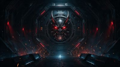 Futuristic metal corridor ending at a massive vault door decorated with a horned oni mask, its red eyes glowing amid drifting sparks. Dim blue lighting and crimson accents create an ominous, high-tech mood.