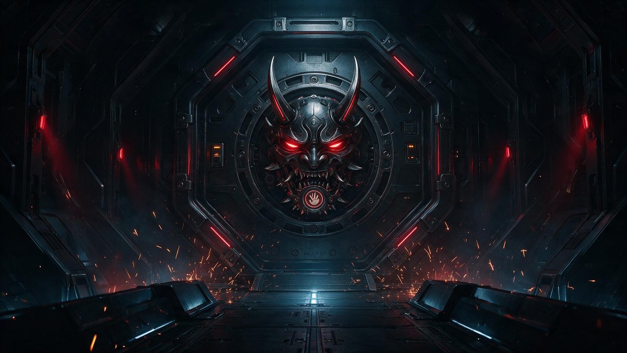Futuristic metal corridor ending at a massive vault door decorated with a horned oni mask, its red eyes glowing amid drifting sparks. Dim blue lighting and crimson accents create an ominous, high-tech mood.