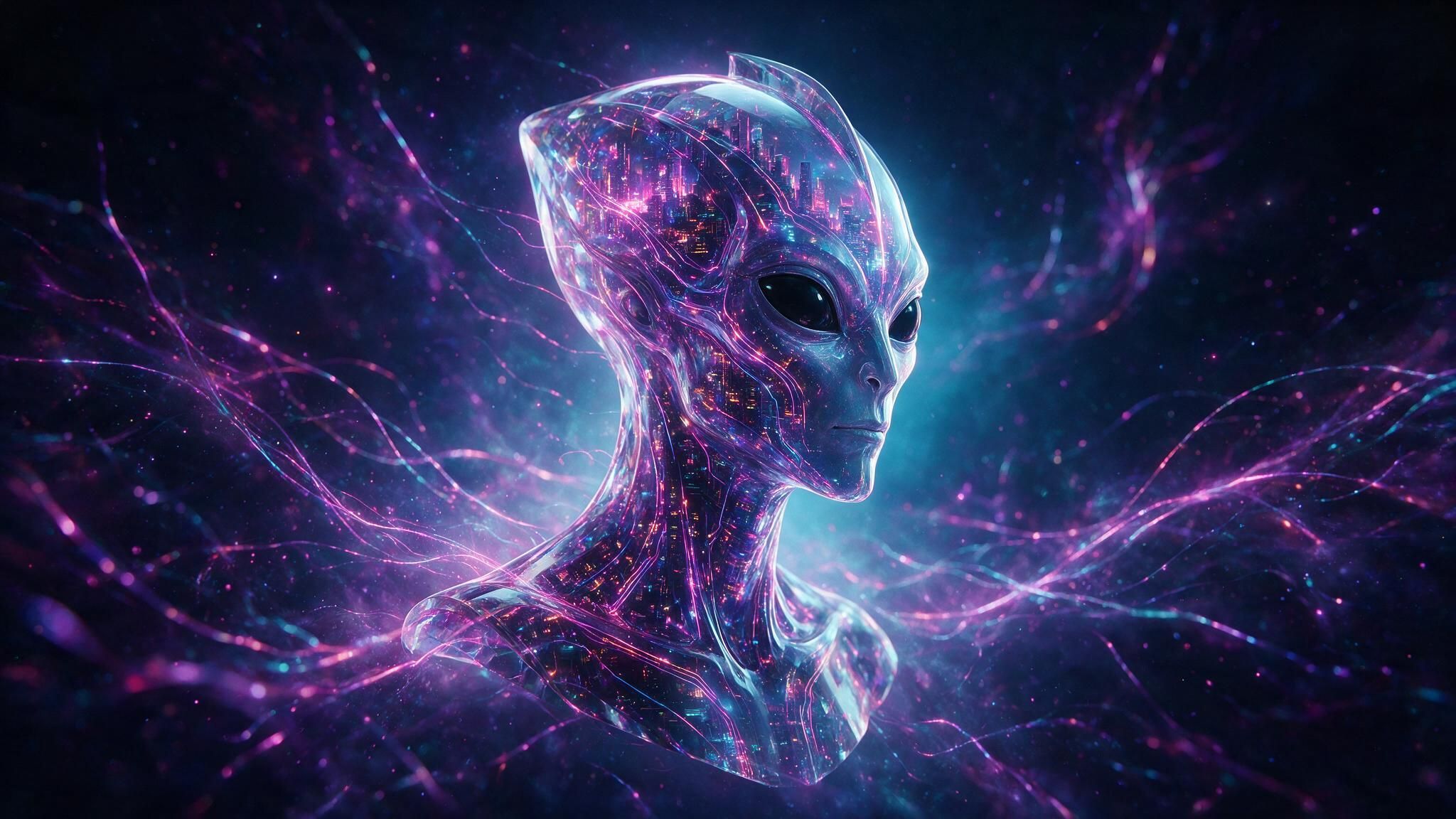 Bust portrait of a sleek, translucent alien with glowing neon-pink circuitry beneath its skin, floating amid swirling blue-purple cosmic energy. The dark space setting and vivid electric colors create an otherworldly, contemplative mood.