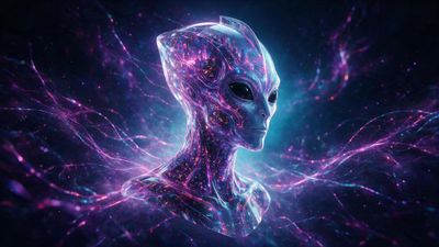 Bust portrait of a sleek, translucent alien with glowing neon-pink circuitry beneath its skin, floating amid swirling blue-purple cosmic energy. The dark space setting and vivid electric colors create an otherworldly, contemplative mood.