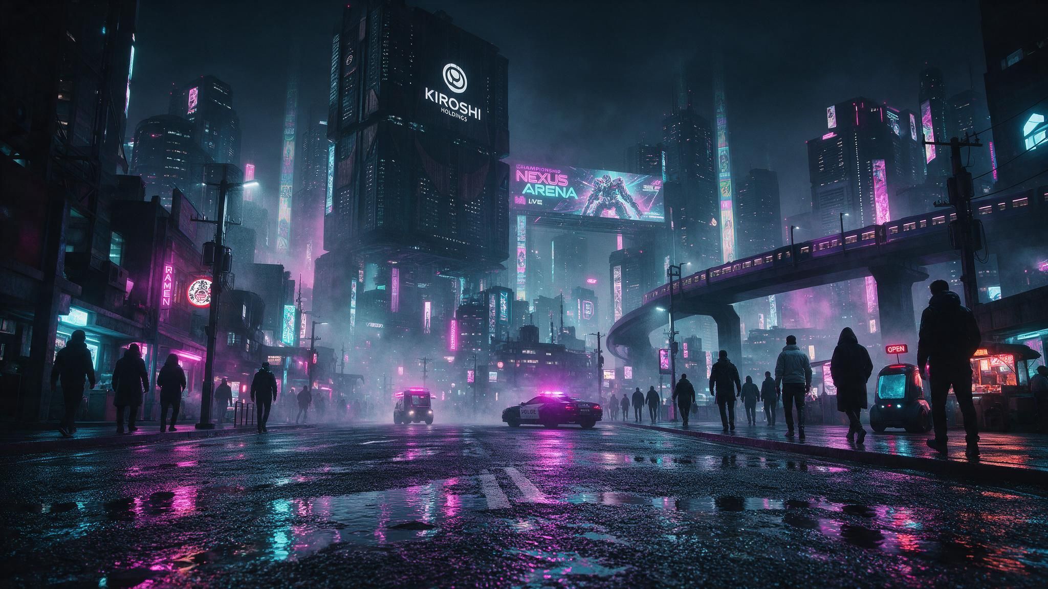 Rain-soaked street in a neon-drenched cyberpunk city, where hooded pedestrians walk amid glowing signs, towering holographic skyscrapers, and a police car casting pink and blue reflections. The scene feels tense and futuristic, shrouded in mist and ambient darkness.