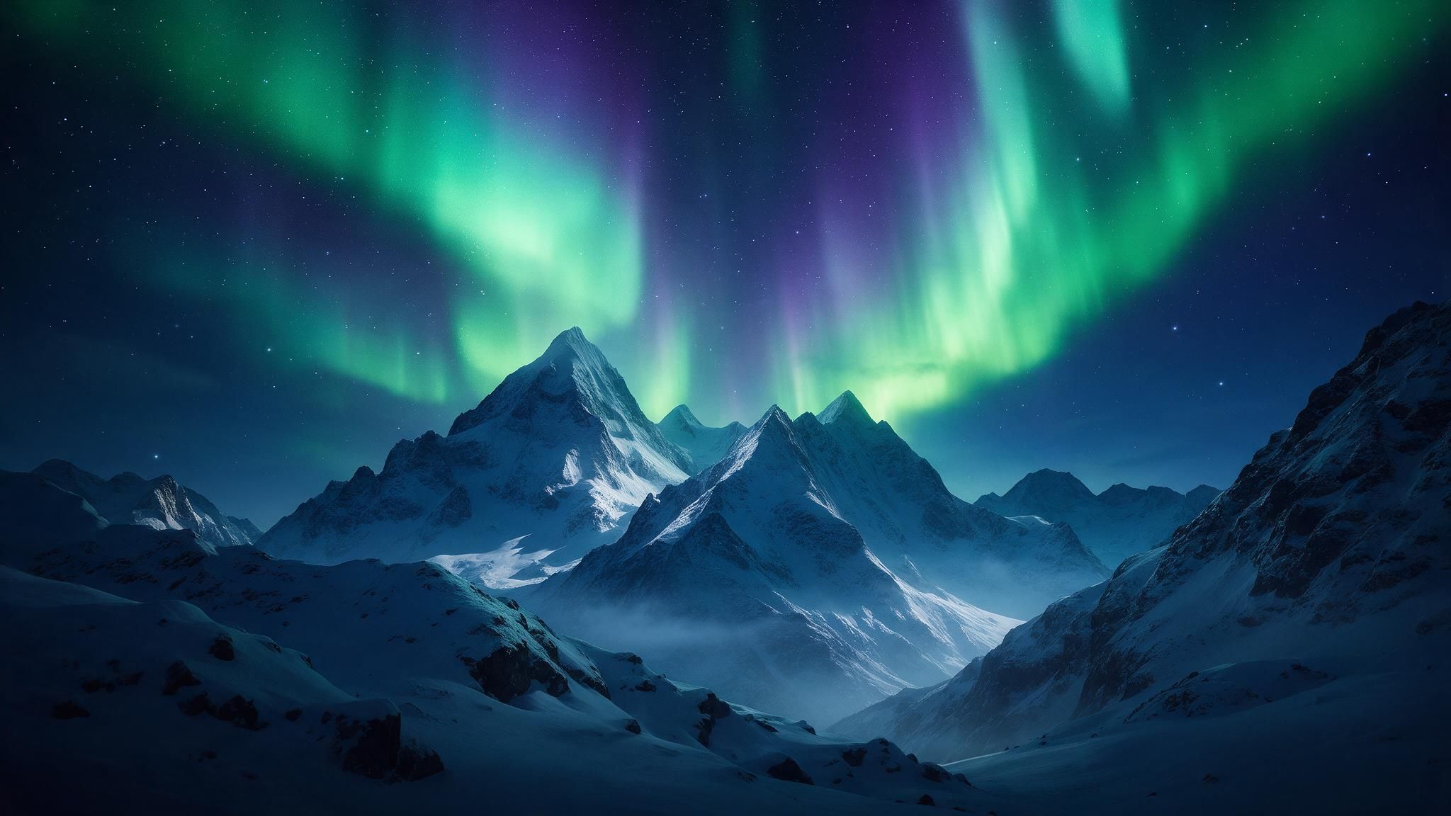 Green and violet Aurora Borealis ripples across a star-filled sky above jagged, snow-capped mountains at night. The quiet, icy landscape conveys a calm, otherworldly mood.