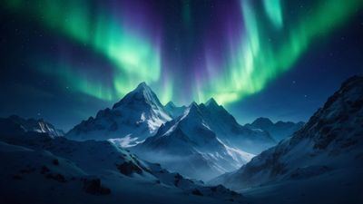 Green and violet Aurora Borealis ripples across a star-filled sky above jagged, snow-capped mountains at night. The quiet, icy landscape conveys a calm, otherworldly mood.