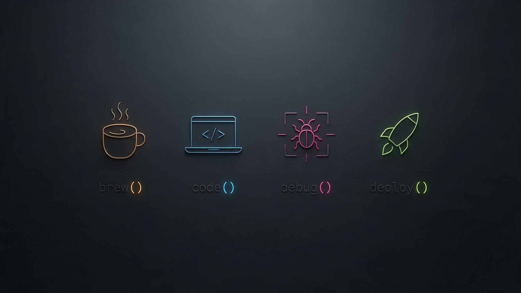 On a dark matte background, a row of minimalist neon icons—an orange coffee cup, blue laptop, pink bug target, and green rocket—illustrate the developer workflow with the words brew(), code(), debug(), and deploy() beneath each symbol. The glowing colors against the slate backdrop create a sleek, futuristic mood.