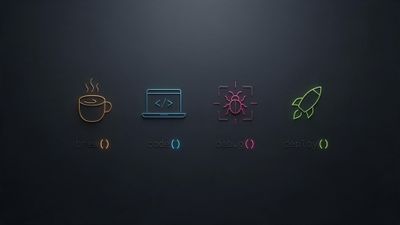 On a dark matte background, a row of minimalist neon icons—an orange coffee cup, blue laptop, pink bug target, and green rocket—illustrate the developer workflow with the words brew(), code(), debug(), and deploy() beneath each symbol. The glowing colors against the slate backdrop create a sleek, futuristic mood.