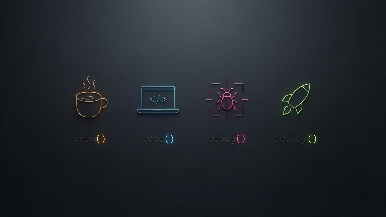 On a dark matte background, a row of minimalist neon icons—an orange coffee cup, blue laptop, pink bug target, and green rocket—illustrate the developer workflow with the words brew(), code(), debug(), and deploy() beneath each symbol. The glowing colors against the slate backdrop create a sleek, futuristic mood.