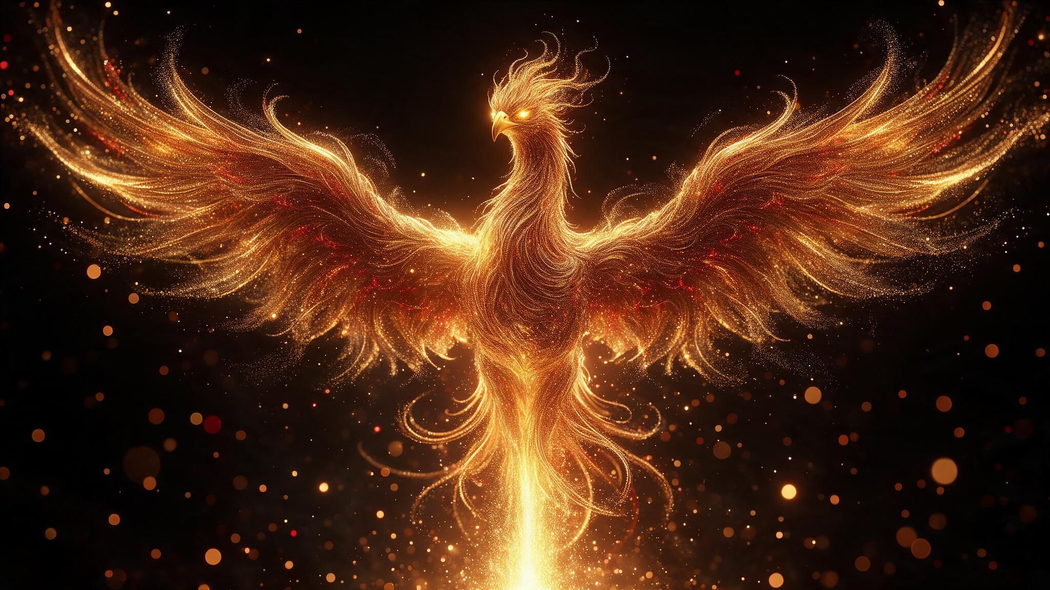 A radiant golden Phoenix spreads fiery wings against a dark, ember-filled backdrop, creating an atmosphere of powerful rebirth and triumph.