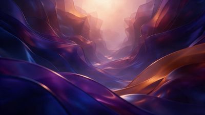 Abstract translucent ribbons in deep purples, blues, and amber flow like a luminous canyon toward a soft, glowing center. The composition creates a tranquil, futuristic mood that suggests drifting through an otherworldly landscape.