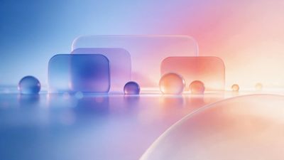 Translucent glass-like rounded rectangles and spheres sit on a reflective surface under a blue-to-pink gradient glow, creating a calm, futuristic mood.
