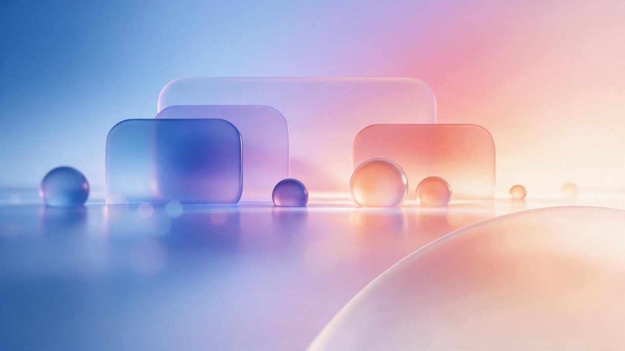 Translucent glass-like rounded rectangles and spheres sit on a reflective surface under a blue-to-pink gradient glow, creating a calm, futuristic mood.