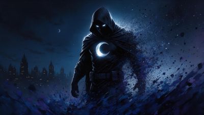 Moon Knight stands amid splattering dark-blue shadows, his glowing crescent chest emblem and white eyes illuminating a nighttime city skyline under a slim crescent moon, creating a brooding, mystical mood.