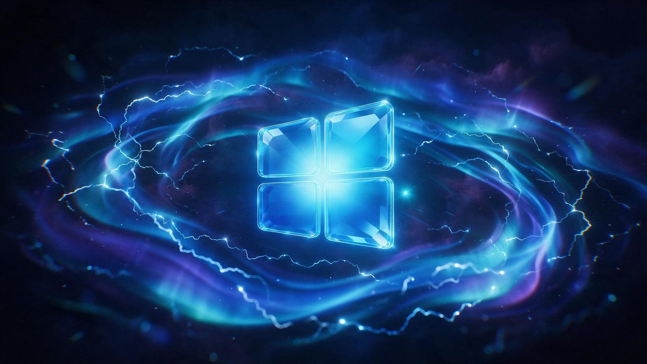 Glowing Windows 11 logo floats at the center of a blue-and-purple electric nebula in deep space, ringed by crackling lightning arcs that create an energetic, futuristic mood.