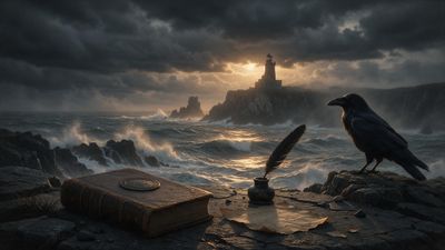A raven perches on a windswept rocky cliff beside an old leather-bound book, inkwell, and quill, while turbulent waves crash below and a distant lighthouse glows through storm clouds at sunset, evoking a brooding, gothic mood.