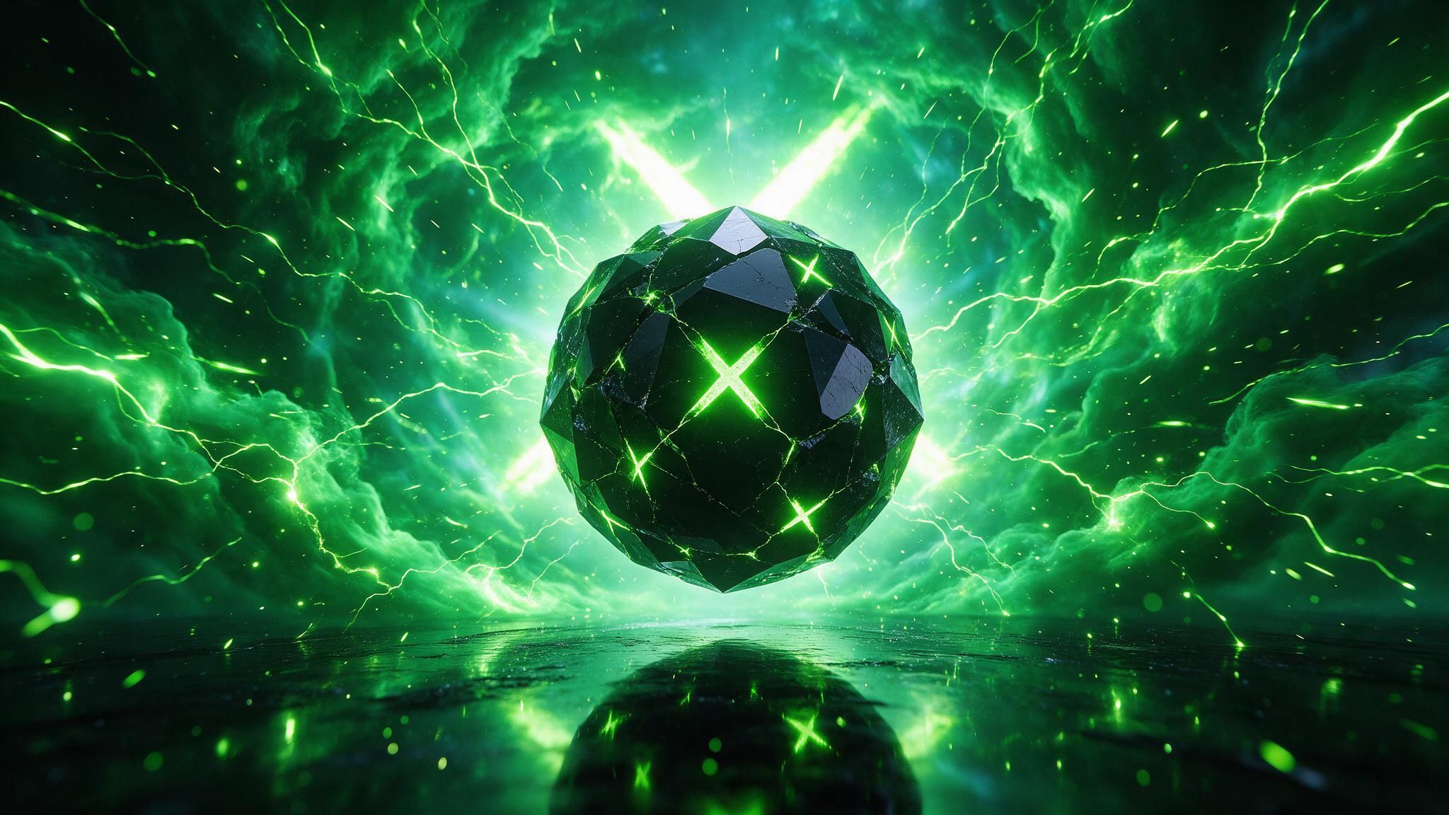 Faceted black sphere embedded with glowing neon green Xbox “X” symbols hovers above a wet, reflective floor, surrounded by swirling green energy clouds and crackling lightning. The scene feels charged and futuristic.