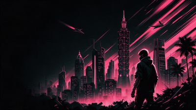 A lone masked vigilante with a cybernetic arm stands on a rooftop, gazing at the neon-pink Taipei skyline with Taipei 101 rising above the city and aircraft streaking through the night sky. The mood is tense and futuristic, evoking a cyberpunk atmosphere.