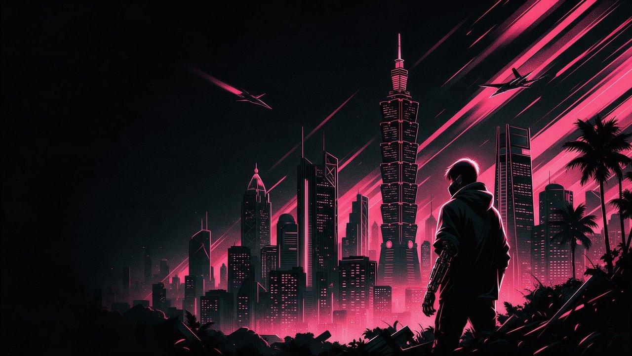 A lone masked vigilante with a cybernetic arm stands on a rooftop, gazing at the neon-pink Taipei skyline with Taipei 101 rising above the city and aircraft streaking through the night sky. The mood is tense and futuristic, evoking a cyberpunk atmosphere.