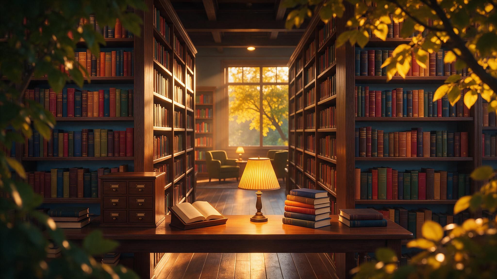Golden afternoon light filters through a tall library window, bathing endless shelves of richly bound books and a lamplit wooden desk strewn with an open volume and tidy stacks, creating a hushed, inviting tribute to International Literacy Day.