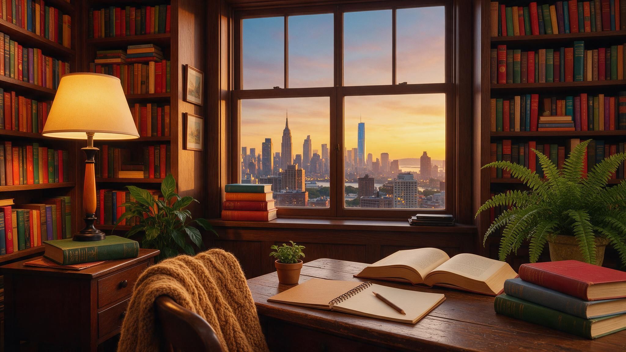 Golden sunset light pours through a wide window overlooking a distant city skyline, bathing a mahogany study lined with rainbow-hued book spines in a gentle glow. Open volumes, a waiting notebook and pencil, and a draped knit throw invite quiet reflection on the power of stories—fitting for International Literacy Day.