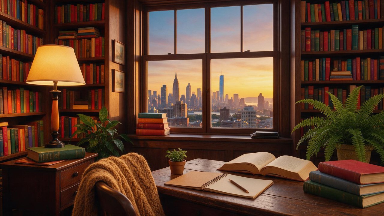 Golden sunset light pours through a wide window overlooking a distant city skyline, bathing a mahogany study lined with rainbow-hued book spines in a gentle glow. Open volumes, a waiting notebook and pencil, and a draped knit throw invite quiet reflection on the power of stories—fitting for International Literacy Day.