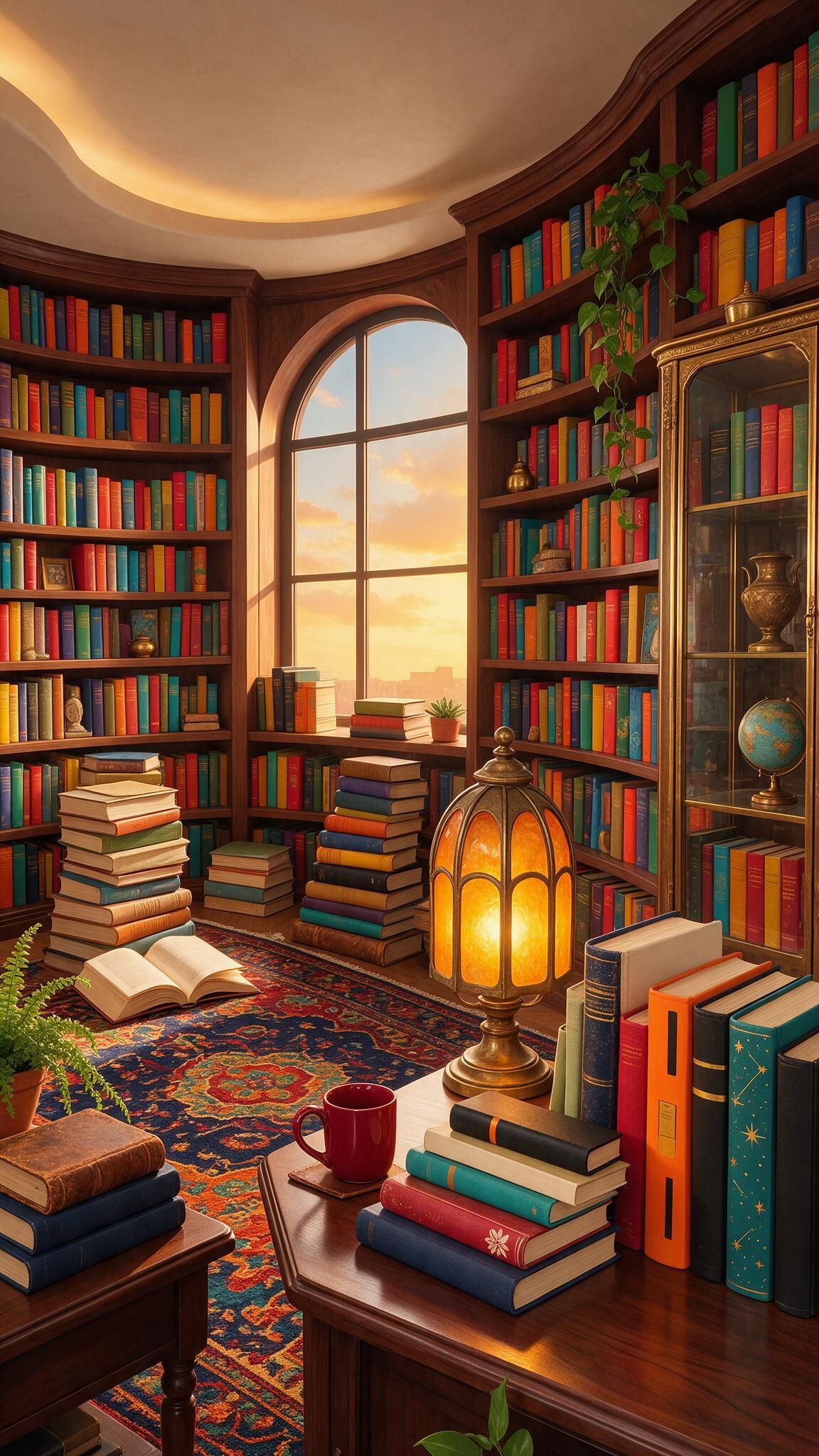Curved mahogany shelves packed with vibrantly bound books frame a tall arched window glowing with sunset light, where scattered stacks, an open volume on a richly patterned rug, and a warm amber lamp create an inviting haven that echoes the spirit of International Literacy Day.