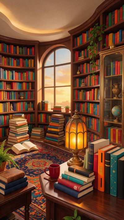 Curved mahogany shelves packed with vibrantly bound books frame a tall arched window glowing with sunset light, where scattered stacks, an open volume on a richly patterned rug, and a warm amber lamp create an inviting haven that echoes the spirit of International Literacy Day.