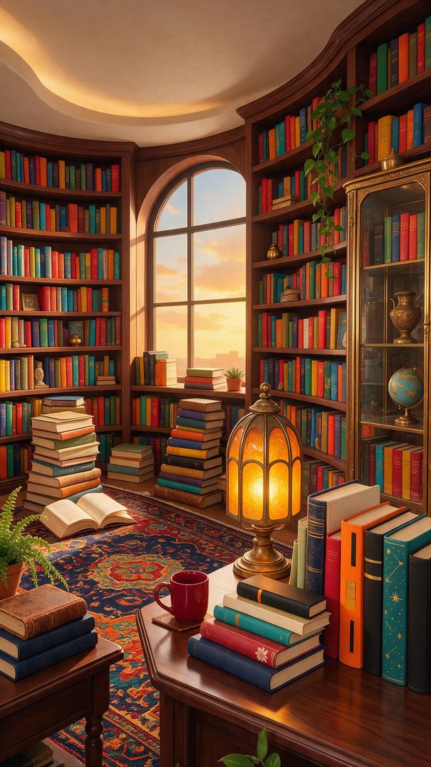 Curved mahogany shelves packed with vibrantly bound books frame a tall arched window glowing with sunset light, where scattered stacks, an open volume on a richly patterned rug, and a warm amber lamp create an inviting haven that echoes the spirit of International Literacy Day.