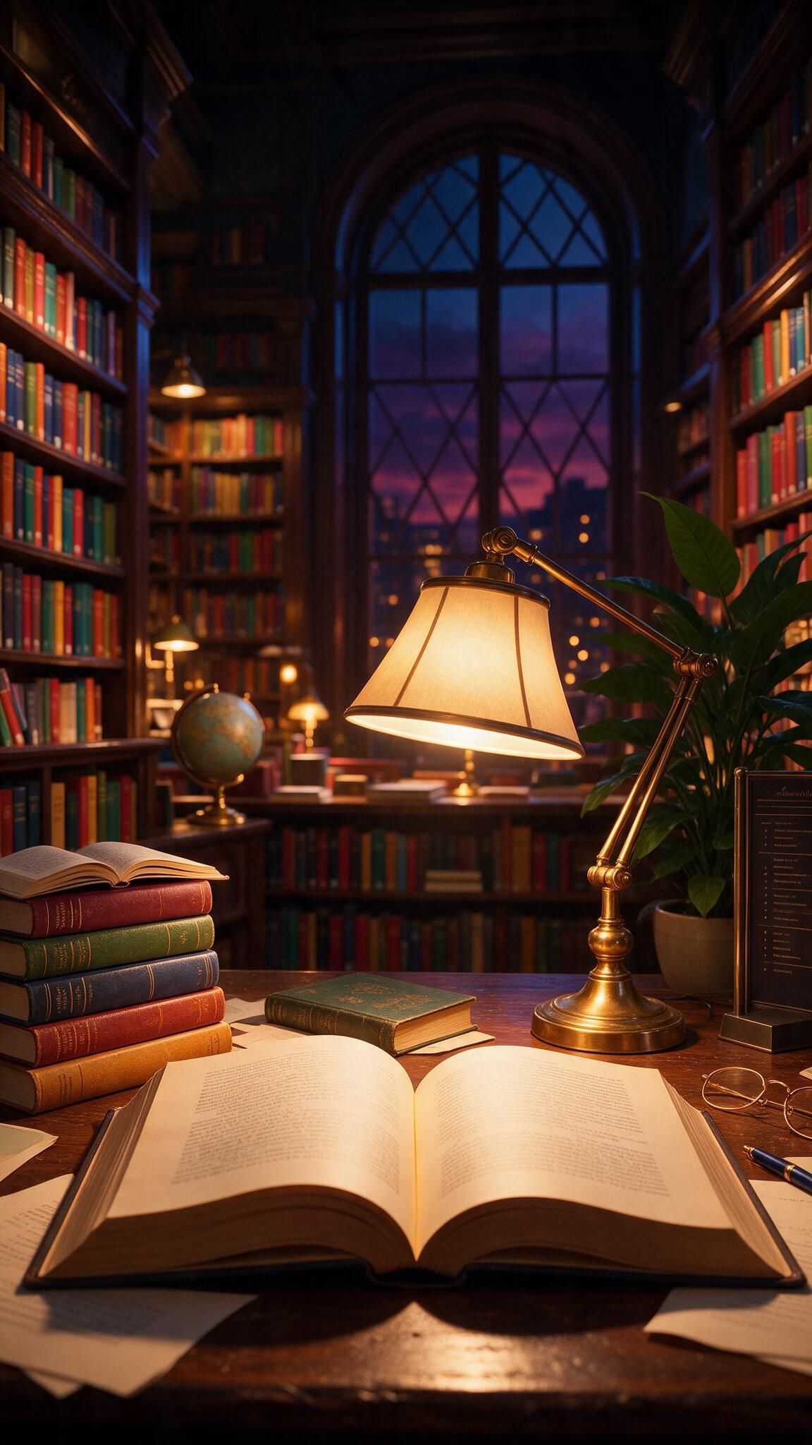 Warm lamplight pools over an open book and scattered pages on a polished wooden desk, surrounded by stacked hardcovers, a brass globe, and towering shelves of richly colored spines that recede toward a tall arched window framing a violet-pink twilight skyline. The intimate, scholarly glow and calm dusk outside evoke a quiet celebration of International Literacy Day, inviting reflection on the power of reading.